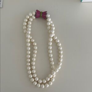 Elegant Double Strand Pearl Necklace with Pink Bow Clasp